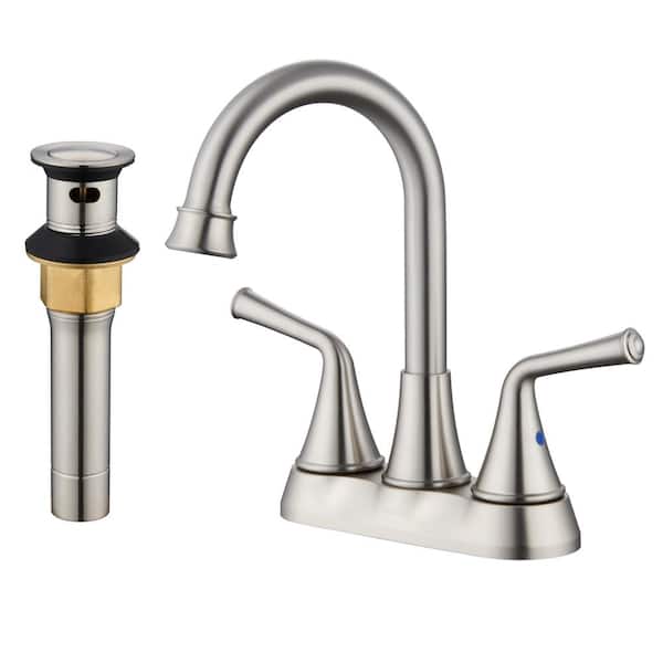 Dimakai 4 in. Centerset Double Handle Bathroom Sink Faucet with 360° Swivel Spout, Stainless Steel Drain Kit in Brushed Nickel
