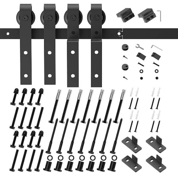 12 ft. J-Shaped Bypass Sliding Barn Door Kit for Double Door, Black Steel