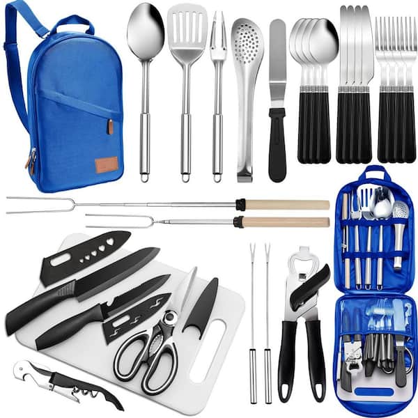 27-Piece Stainless Steel Outdoor Cookware Set in Blue, Portable Camping Kitchen Utensil Set, Grilling Utensil Set