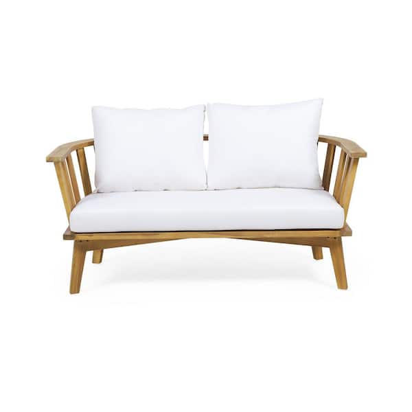 Brown Wood Outdoor Loveseat with Beige Cushions