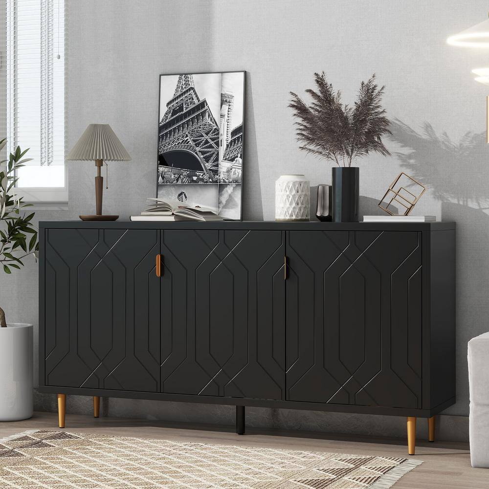 65 in. W x 15.7 in. D x 33.7 in. H Black TV Stand Linen Cabinet with 2 Adju