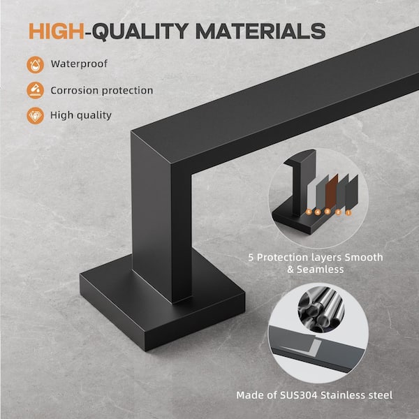 4-Piece Bath Hardware Set with Towel Bar Hand Towel Holder Toilet Paper Holder Towel Hook Modern Square in Matte Black