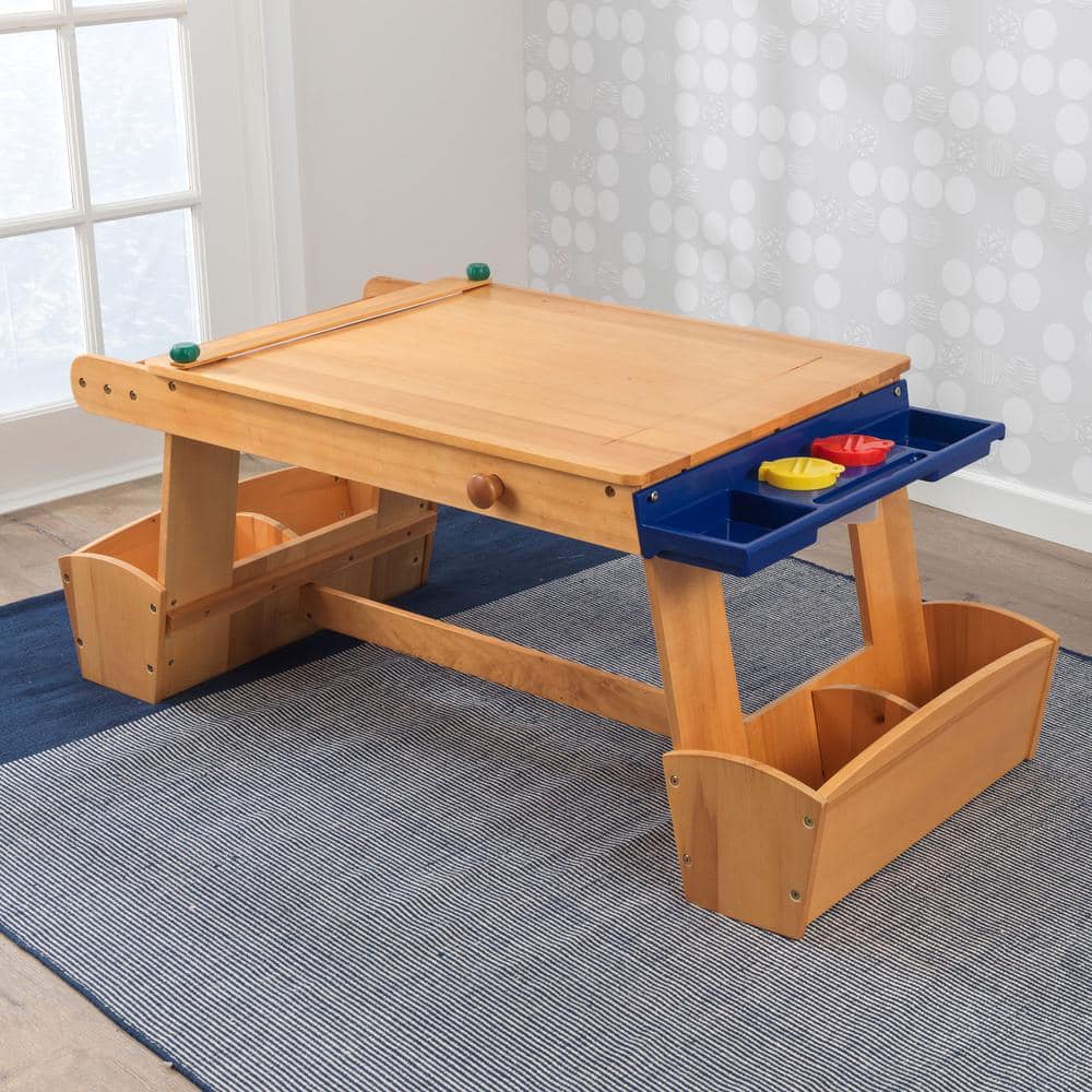 Natural Wooden Art Table with Drying Rack and Storage Bins