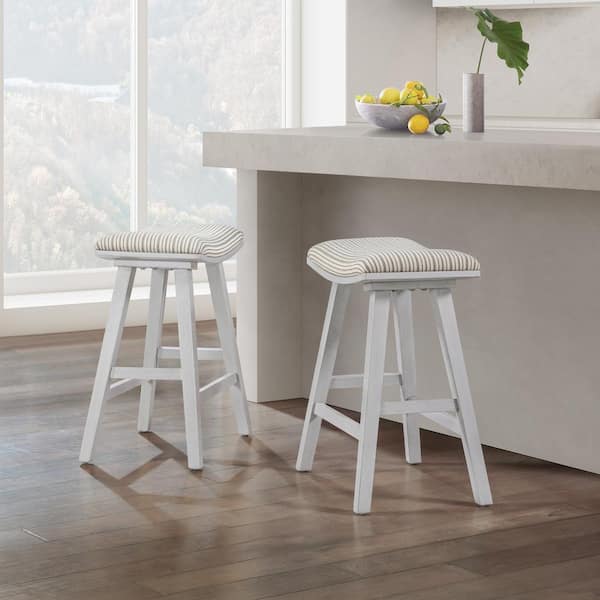 OSP Home Furnishings Coley 25 in. White Wash Backless Wood Frame Saddle Bar Stool with Cream Pin Stripe Fabric Seat (2-Pack)