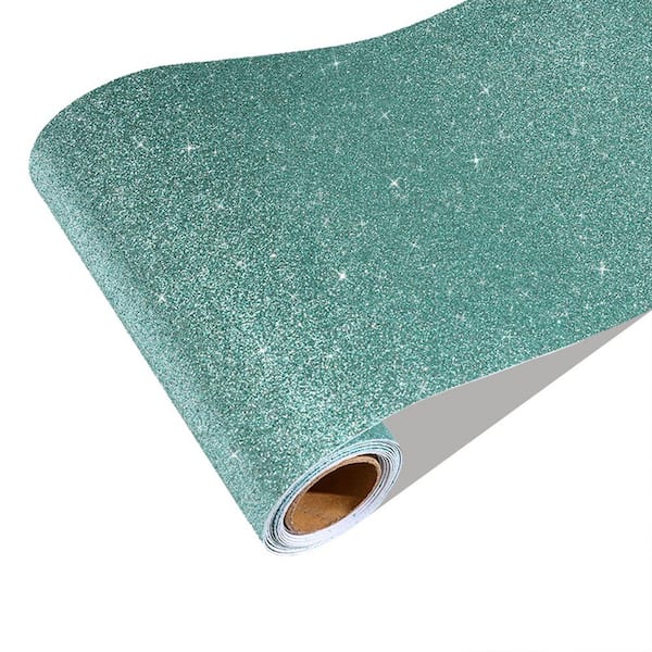 8 in. x 29.4 ft. Vinyl Drywall Self Adhesive Glitter Wallpaper Border Sparkle Peel for Walls Bulletin Board, Light Teal