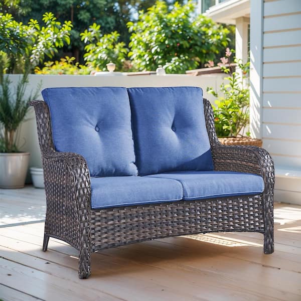 Pocassy 2-Seat Wicker Outdoor Loveseat Sofa Patio with CushionGuard Cushions Brown/Blue
