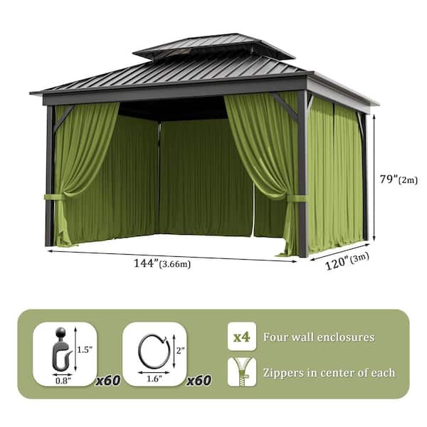 10 ft. x 12 ft. Universal Outdoor Privacy Curtains, Gazebo Replacement with Zipper Grass Green (4-Side Curtain Only)