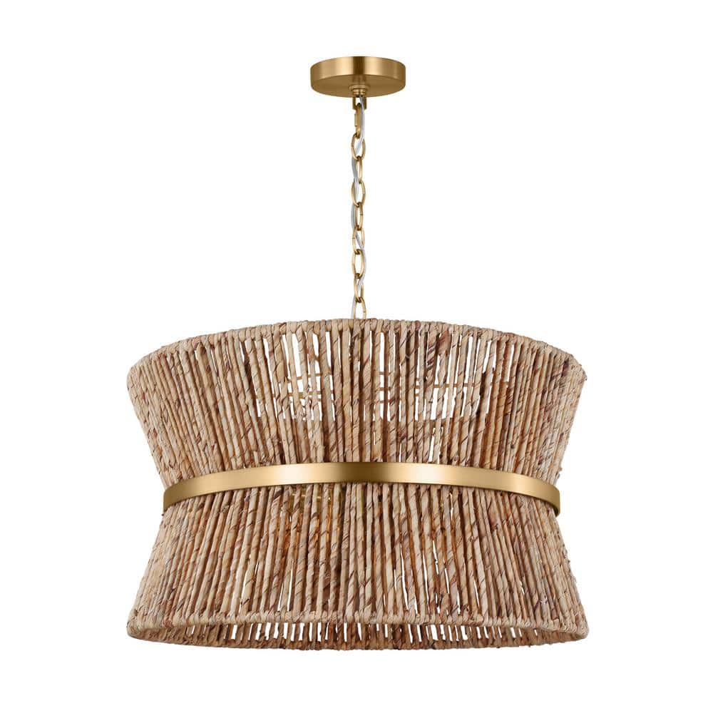 Satin Brass and Paper Rope 3-Light Drum Pendant