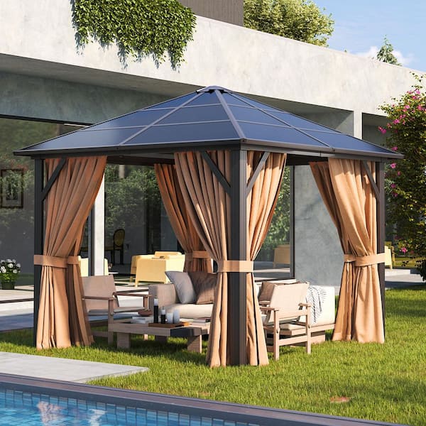 10 ft. W x 10 ft. D Aluminum Frame Outdoor Polycarbonate Hardtop Gazebo with Netting and Curtains