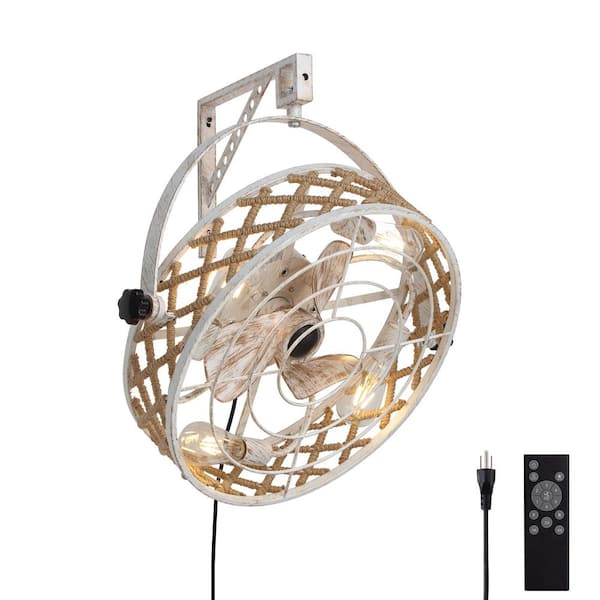 FANNEHONNE 20 in. Bohemian Indoor White Wall Mount Caged Ceiling Fan with Light and Remote, Reversible for Garage, Office