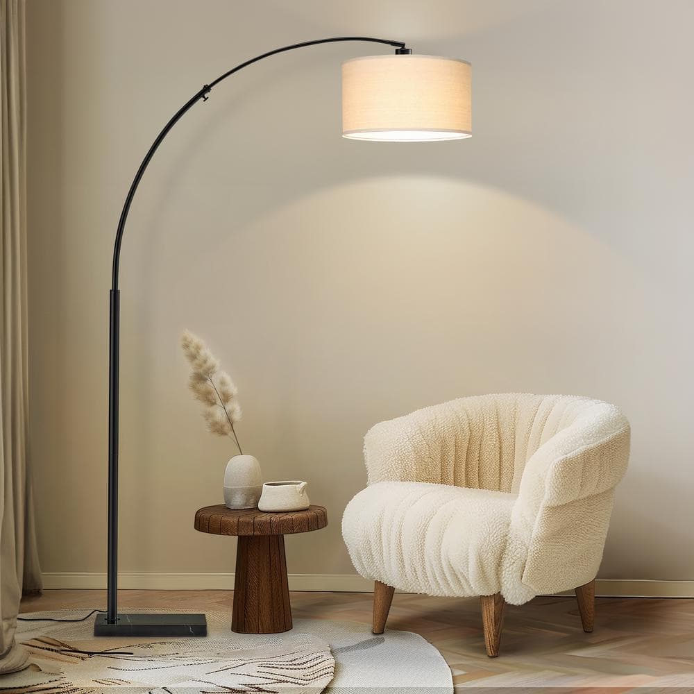 Logan Adjustable 76" Black LED Arc Floor Lamp with Beige Drum Shade