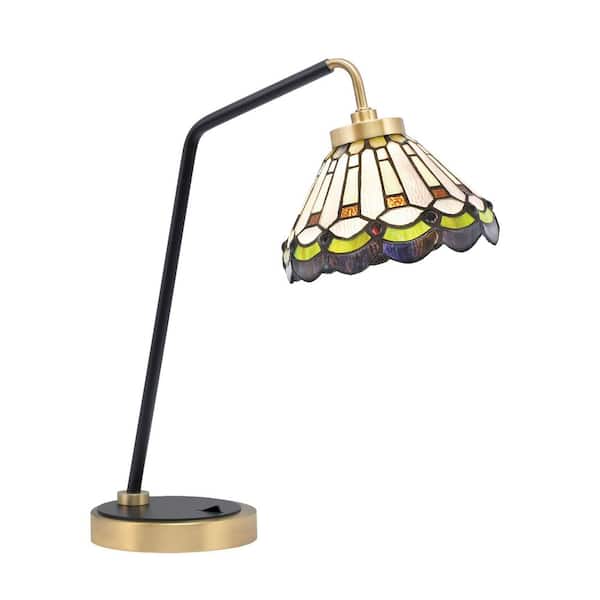 Unbranded Delgado 16.5 in. Matte Black & New Age Brass Desk Lamp with Cyprus Art Glass