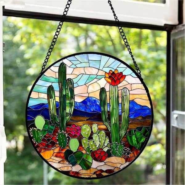 Green Cactus Stained Glass Art Glass Window HDFB3GND2X - The Home