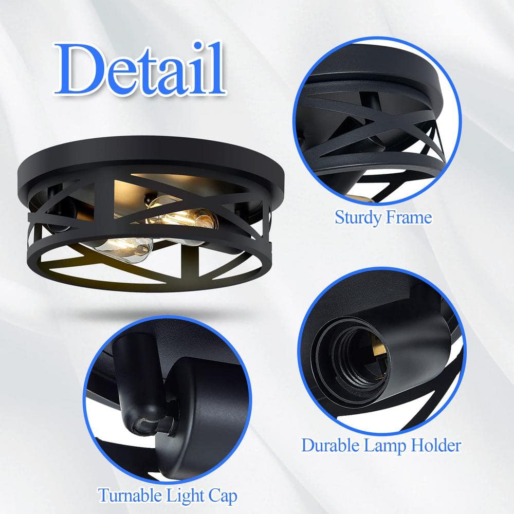 Black Metal Cage Drum Flush Mount Ceiling Light, 2-Pack
