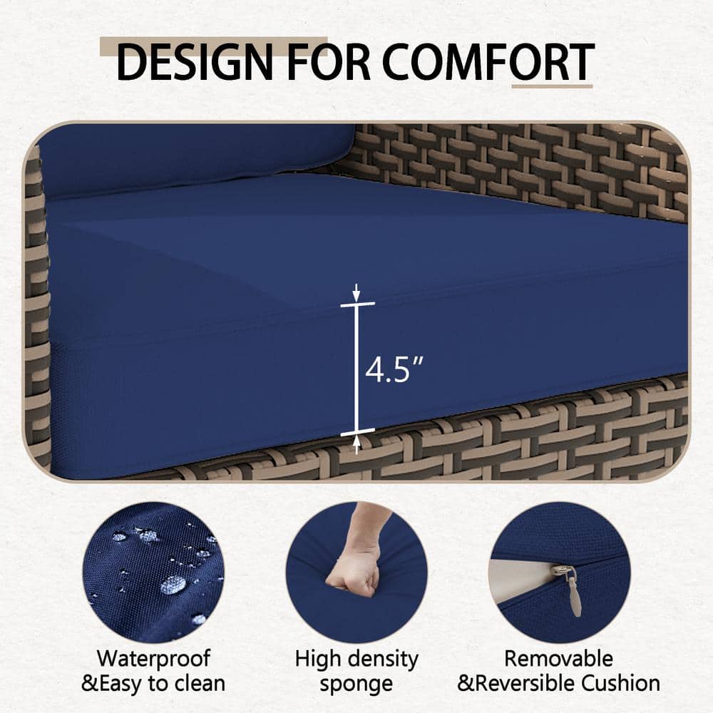 5-Piece Brown Wicker Patio Set with Blue Cushions