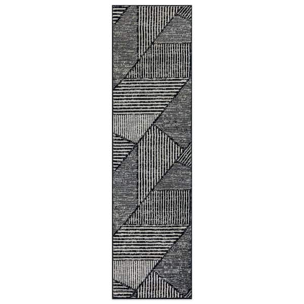 Contemporary Distressed Geometric Area Rug Black 2 ft. 3 in. x 12 ft. Runner Rug