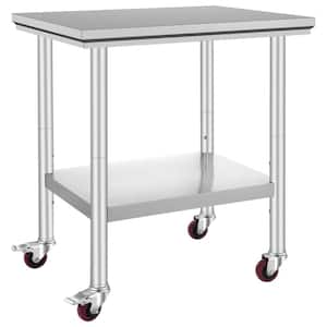 Stainless Steel Work Table 30 x 24 x 33 in., 700 lbs. Capacity, Heavy-Duty Kitchen Prep Table with 4 Wheels, Silver