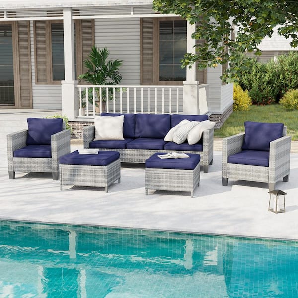 5-Piece Patio Outdoor Sofa Patio Conversation Set Gray Wicker Frame with Soft Navy Blue Cushions