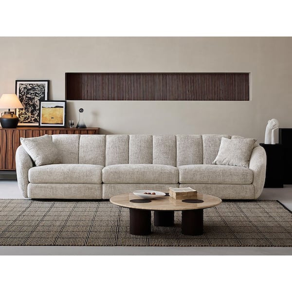 Modern 123 in. Wide Slope Arm Chenille Fabric Rectangle Sectional Sofa Scallop Sofa 3 Seats in. Light Brown