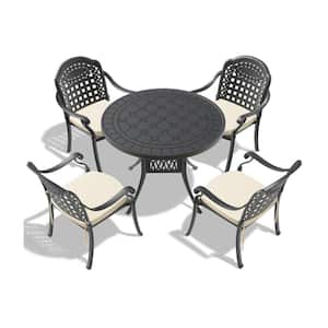 5-Piece Cast Aluminum Black Outdoor Dining Set with Random Colors Cushions and Carved Texture on the Tabletop