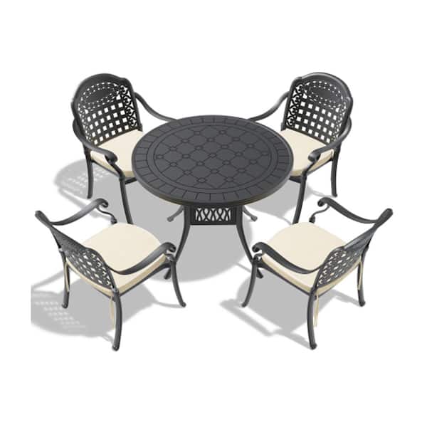 Misopily 5-Piece Cast Aluminum Black Outdoor Dining Set with Random Colors Cushions and Carved Texture on the Tabletop