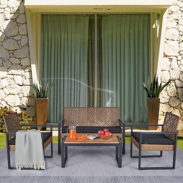 Unbranded 4-Piece Wicker Patio Conversation Set with Acacia Wood Table Top, Modern Black Frame and Light Brown Cushions
