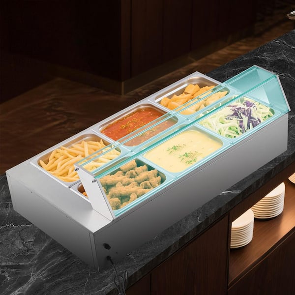 Commercial Electric Food Warmer, 1500W Stainless Steel Steam Table with Glass Lid, Includes 6 Half-Size Pans