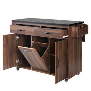 Modern Walnut Brown Wood 52 in. Drop Leaf Adjustable Shelf Kitchen Island Cart with Trash Can Storage Cabinet