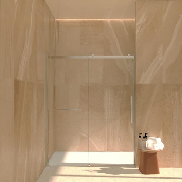 MEDUNJESS Aaby 56-60 in. W x 76 in. H Sliding Frameless Shower Door in Nickel with 5/16 in. (8 mm) Clear Glass