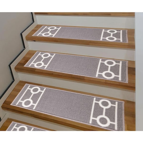 Chain Border Custom Size Gray 10.5 in. x 26" Indoor Carpet Stair Tread Cover Slip Resistant Backing (Set of 13)