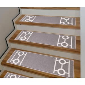 Chain Border Custom Size Gray 9 in. x 36" Indoor Carpet Stair Tread Cover Slip Resistant Backing (Set of 3)