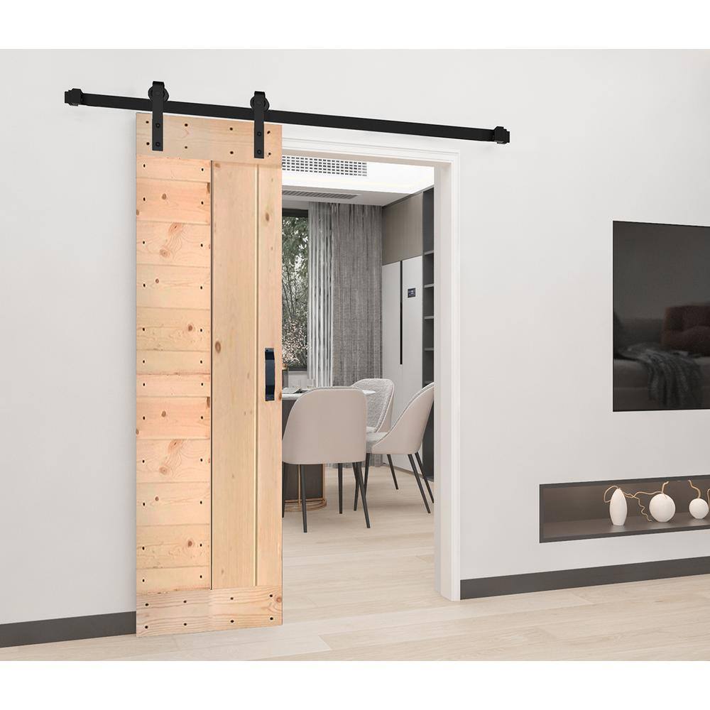 Unfinished Solid Wood Sliding Barn Door Kit with Black Hardware, 24" x 84"