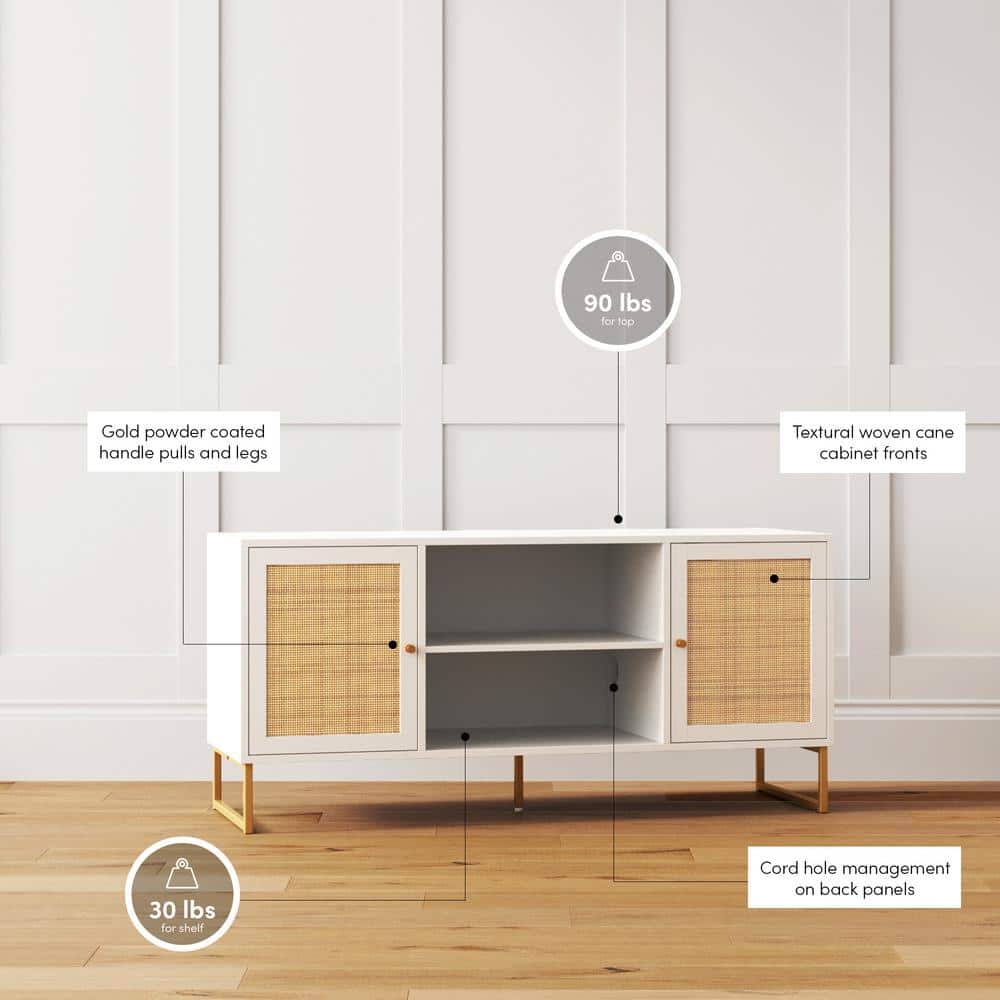 White and Gold Rattan Door TV Stand for 55" TVs