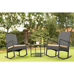 3-Pieces Outdoor Patio Rattan Wicker High-Back Rocker Cushioned Chair Set w/ Table