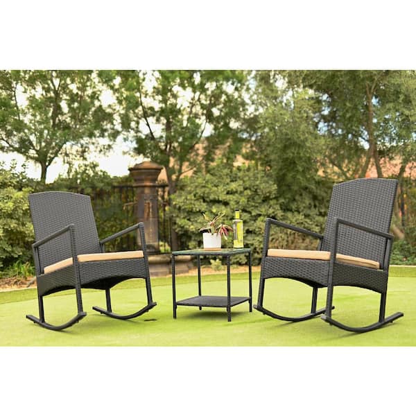 Barton 3-Pieces Outdoor Patio Rattan Wicker High-Back Rocker Cushioned Chair Set w/ Table