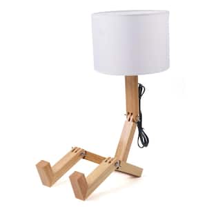 17.3 in. Light Brown Wood Modern Creative Foldable Bedside Table Lamp for Bedroom Study Room with White Fabric Shade