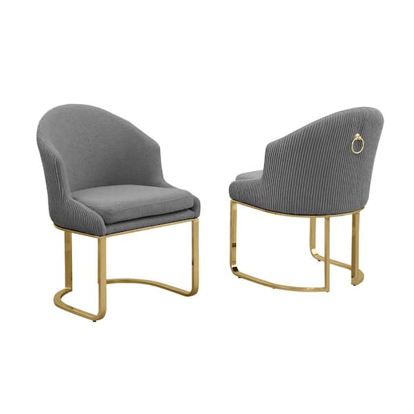Best Quality Furniture Romina Dark Grey Teddy Fabric Side Chair Set of 2 with Gold Chrome Iron Legs