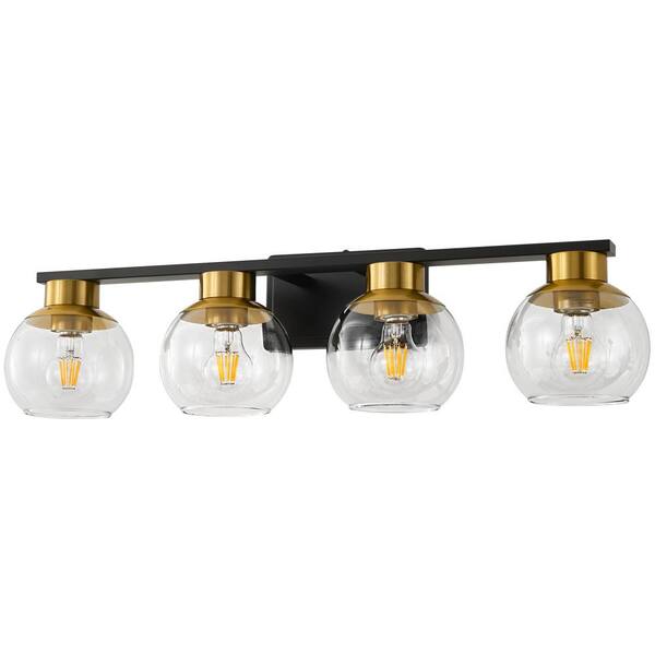 7.9 in. 4Light Black and Gold Bathroom Vanity Light with Glass Shades