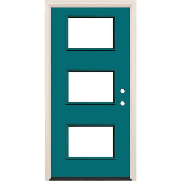 Builders Choice 36 in. x 80 in. Left-Hand/Inswing 3-Lite Clear Glass Reef Painted Fiberglass Prehung Front Door w/6-9/16 in. Frame