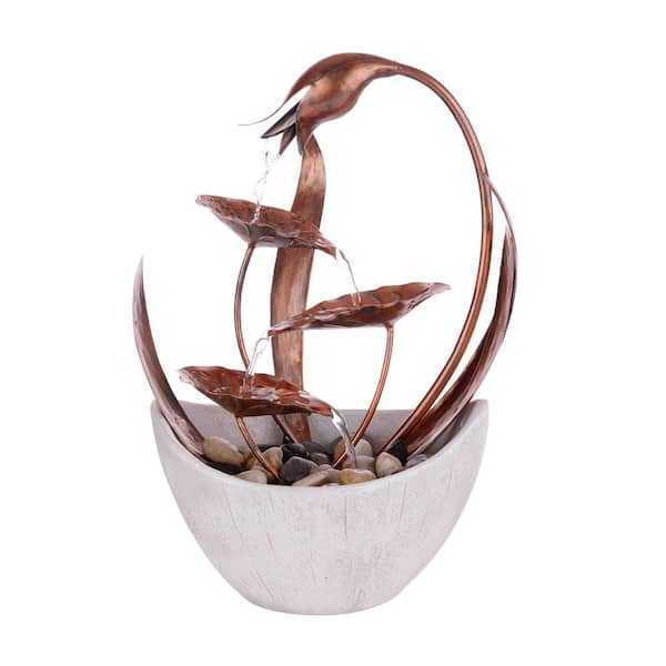 Alpine Corporation 15 in. Tall Indoor Multi-Tiered Metal Floral Leaf Tabletop Fountain with Stone-Filled Base