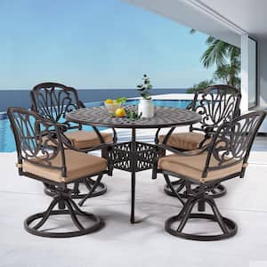 Classic Dark Brown 5-Piece Cast Aluminum Round Outdoor Dining Set with Table and Swivel Dining Chairs khaki Cushion