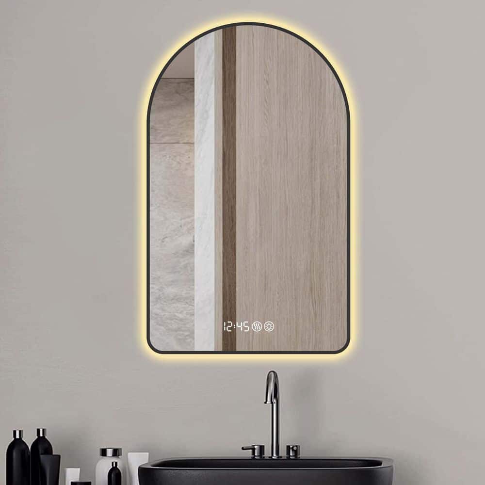 Black 28 in W x 48 in. H Arch LED Bathroom Mirror Aluminium Framed Mirror T