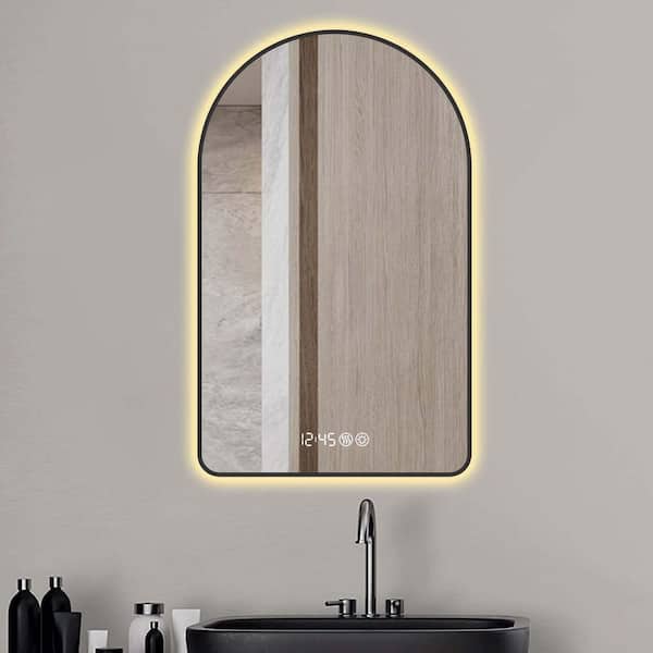 Unbranded Black 28 in W x 48 in. H Arch LED Bathroom Mirror Aluminium Framed Mirror Time and Temperature Display Anti-Fog Dimmable