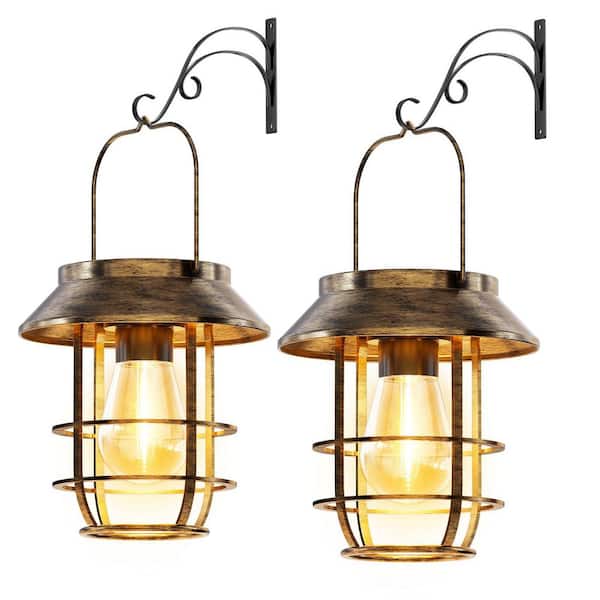 2-Pack Metal Solar Lanterns Outdoor Waterproof with Wall Hooks, Hanging Auto On/Off Lights for Patio Porch Garden Decor