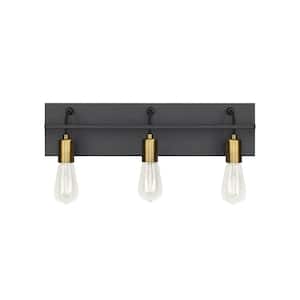 Tae 24 in. W 3-Light Black Industrial Metal Bathroom Vanity Light with Aged Brass Socket Cups and Black Cords