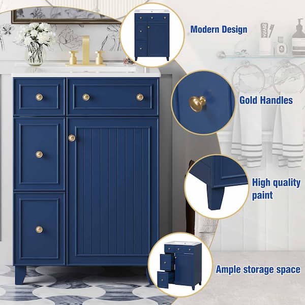 24 in. W Single Sink Freestanding Bath Vanity in Blue with White Ceramic Top, 2 Drawers and 1 Door