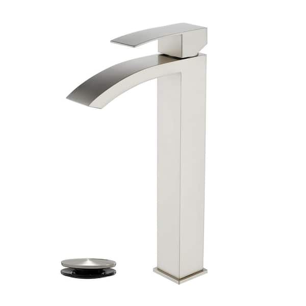 High Arc Single Handle Single Hole Bathroom Faucet with Drain Kit Included in Nickel