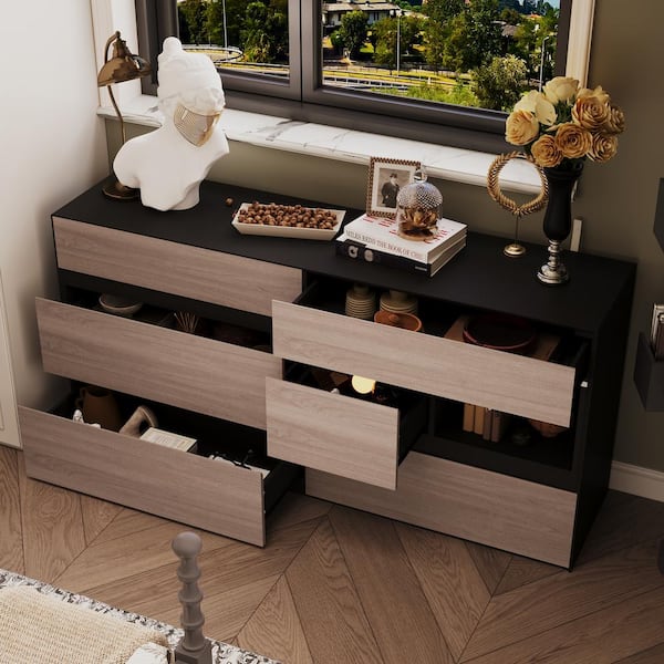 FUFU&GAGA Brown & Black 6 Drawers 63 in. Width Chest of Drawers, Dresser, Storage Cabinet, Sideboard with A Open Shelf L-THD-200269-01