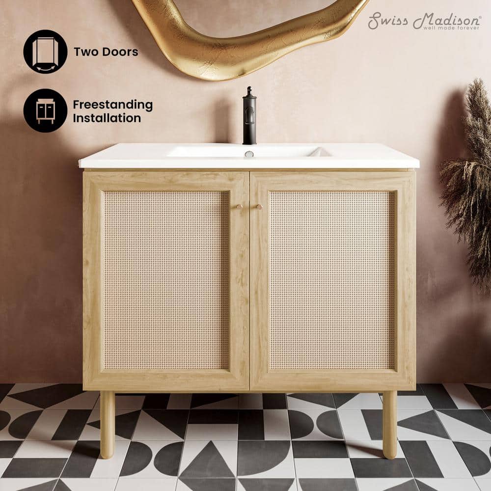 Natural Oak and White Ceramic Freestanding Bathroom Vanity