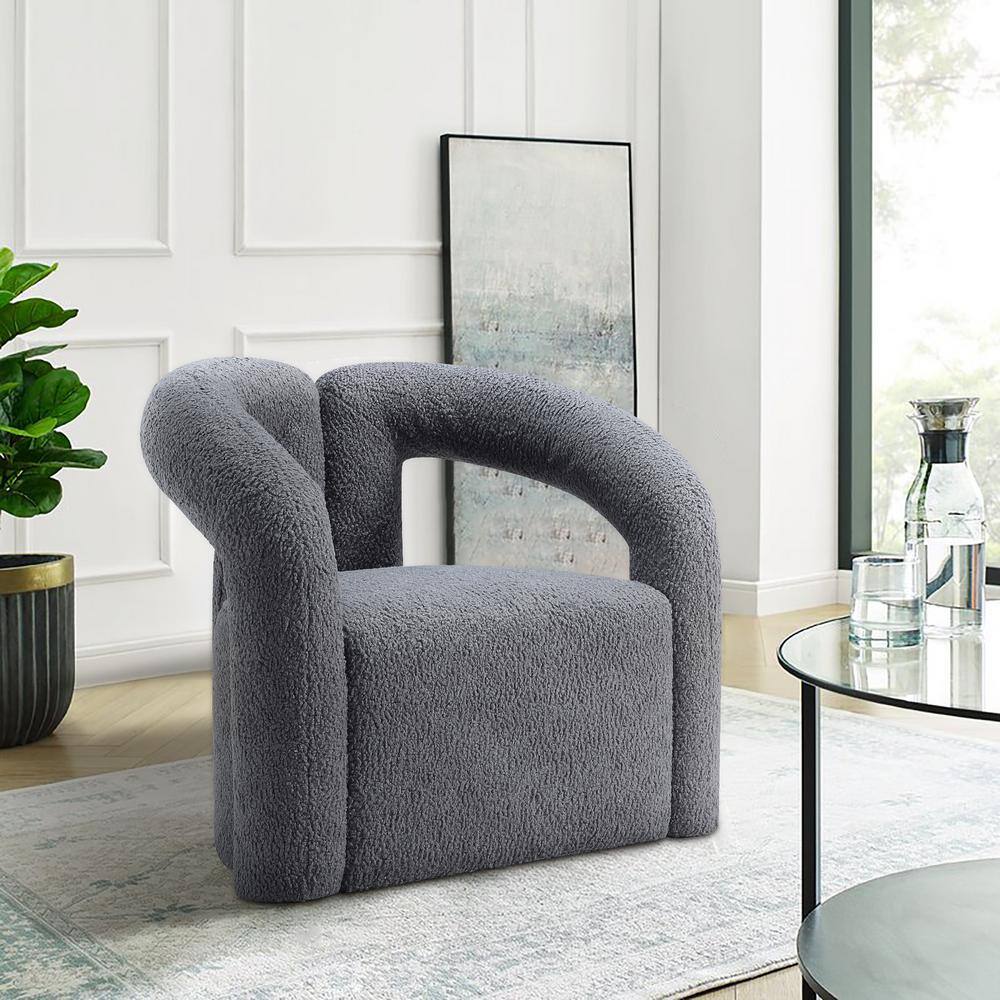 Gray Boucle Barrel Accent Chair with Pine Wood Frame